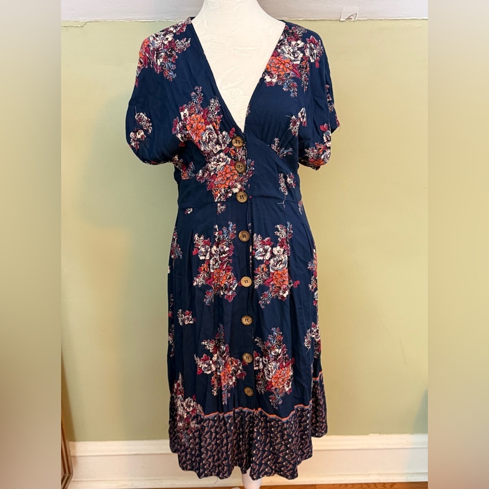 Angie Button Down Bohemian V-Neck Floral Midi Dress